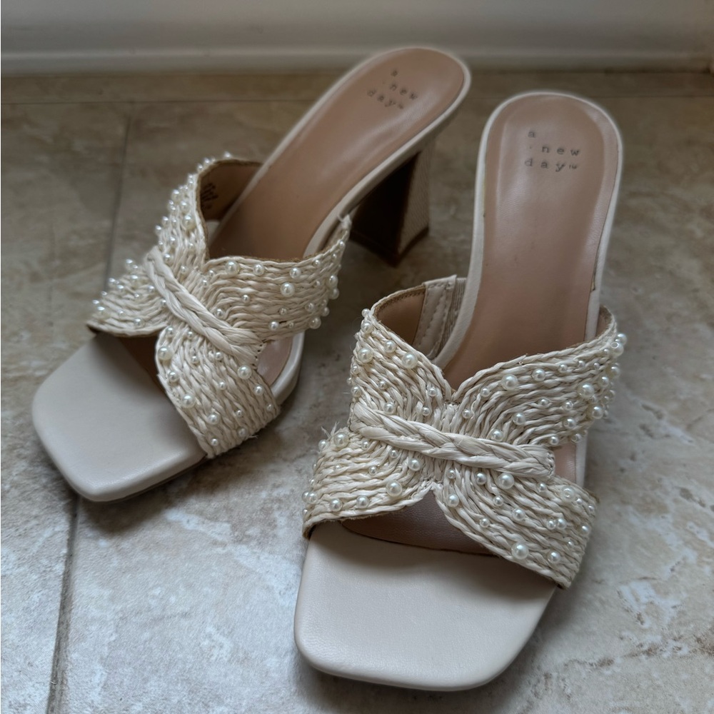 a new day Cream Braided Knit Cross-Strap With Pearl Accents Block Heel